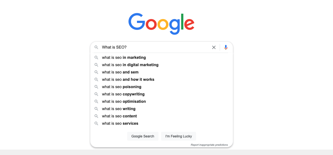 Screenshot of Google Search page with 'What is SEO?' typed into the search bar.
